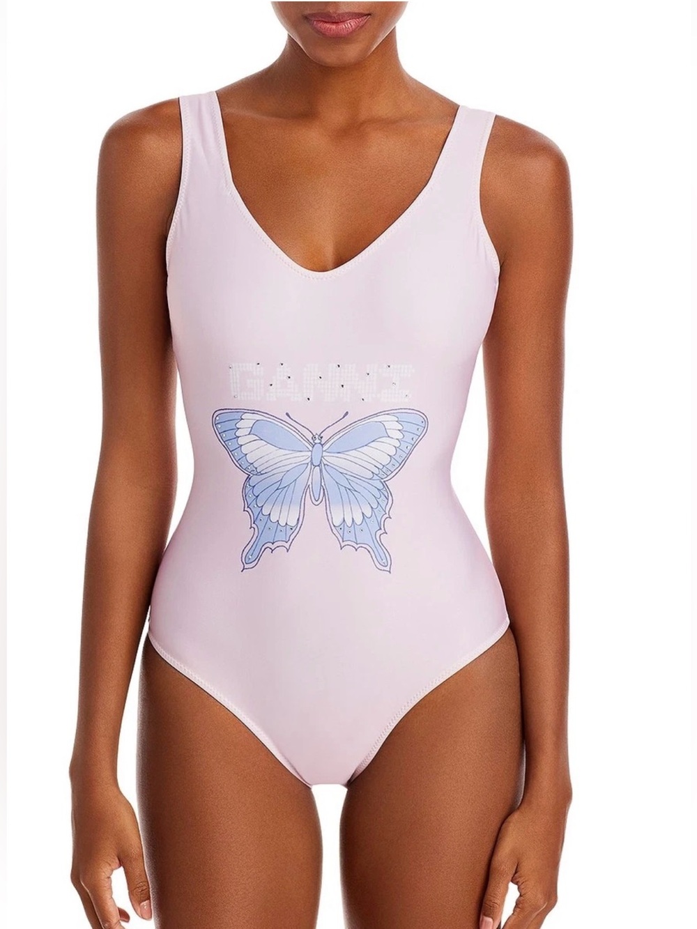 Ganni Women Graphic Deep Cut One Piece Swimsuit, Light Lilac Size S 36 Butterfly